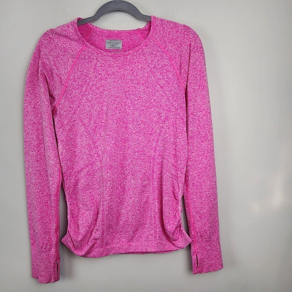 Athleta sz M women activewear top shirt cinched sides thumb holes pink